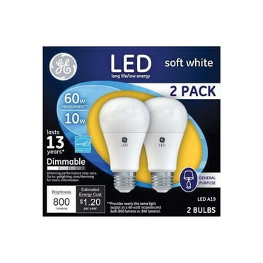 GE LED Soft White 10 Watt (60 Watt Equivalent) General Purpose A19 Light Bulbs, Medium Base, Dimmable (2 Pack)