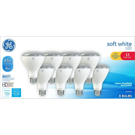 GE LED Soft White 8-Watt (65W Equivalent) Replacement Indoor Floodlight BR30 Light Bulbs, 13-Year Life, 8pk