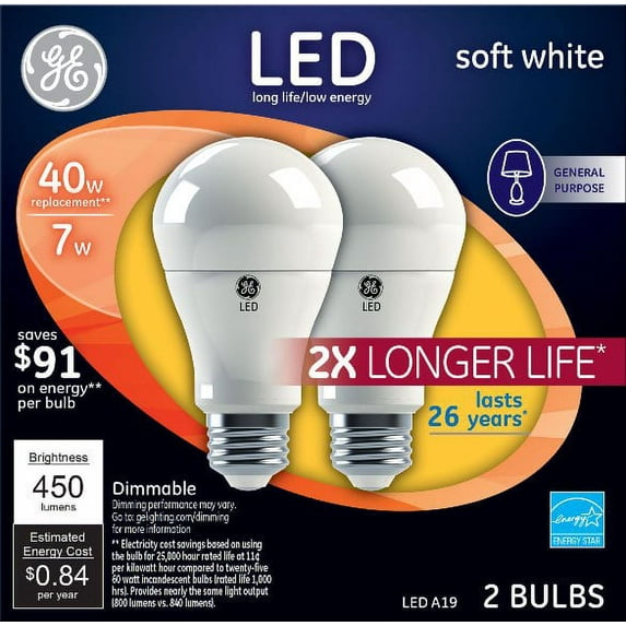 GE LED Soft White Light Bulbs, 6 Watt (40 Watt Equivalent) General Purpose A19 Light Bulbs, Medium Base, Dimmable (2 Pack)