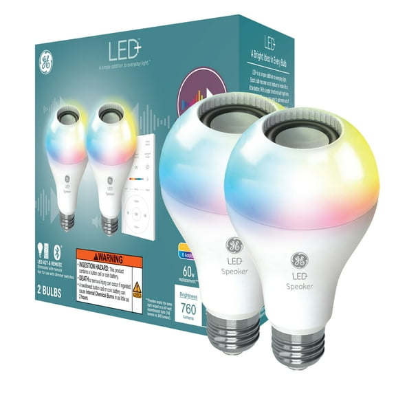 GE LED+ Speaker LED Light Bulb, Color Changing, 60 Watt, A21 Bulbs, Medium Base, 2pk