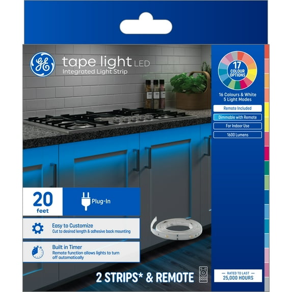 GE LED Tape Light, Color Changing, 20ft Plug-in Indoor Light Strip