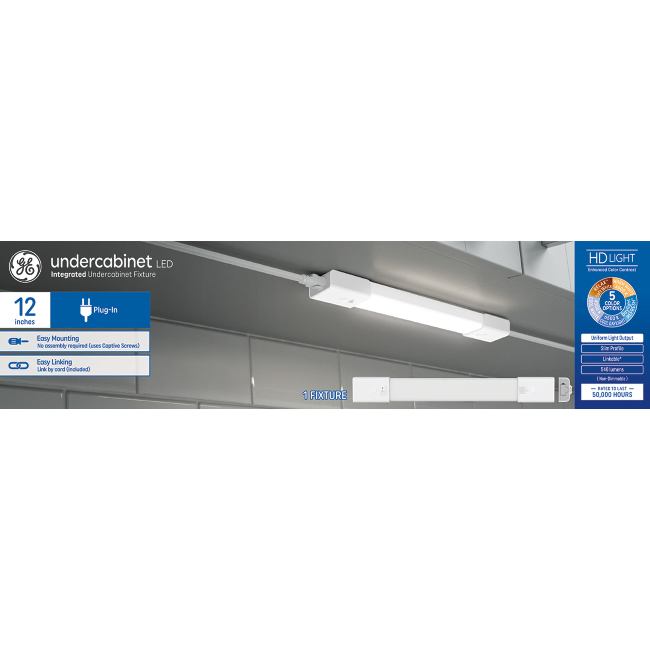 GE LED Undercabinet Light Fixture, Plug-in Integrated Bar Light, 12in