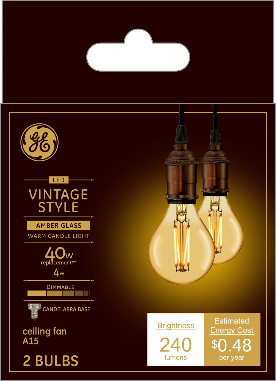 GE LED Vintage Style LED Light Bulb, Amber Glass Finish, Warm Candle Light, 40 Watt Replacement, Candelabra Base, Dimmable, Ceiling Fan Bulb Shape (2 Pack)