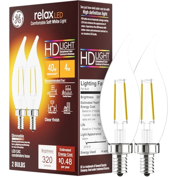 GE Relax LED Light Bulbs, 40 Watt, Soft White, Decorative Bulbs, Clear, Small Base 2 Count (Pack of 1)