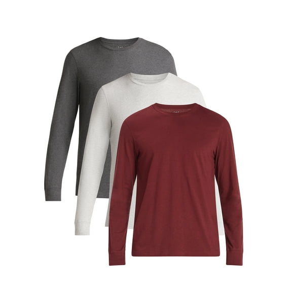George Men's and Big Men's Cotton Crewneck Tee with Long Sleeves, 3-Pack, Sizes XS-3XL