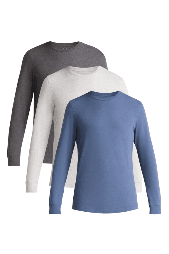 Men's and Big Men's Cotton Crewneck Tee with Long Sleeves, 3-Pack, Sizes XS-3XL