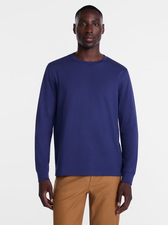 Men's & Big Men's Cotton Crewneck T-Shirt with Long Sleeves, Size XS-3XL