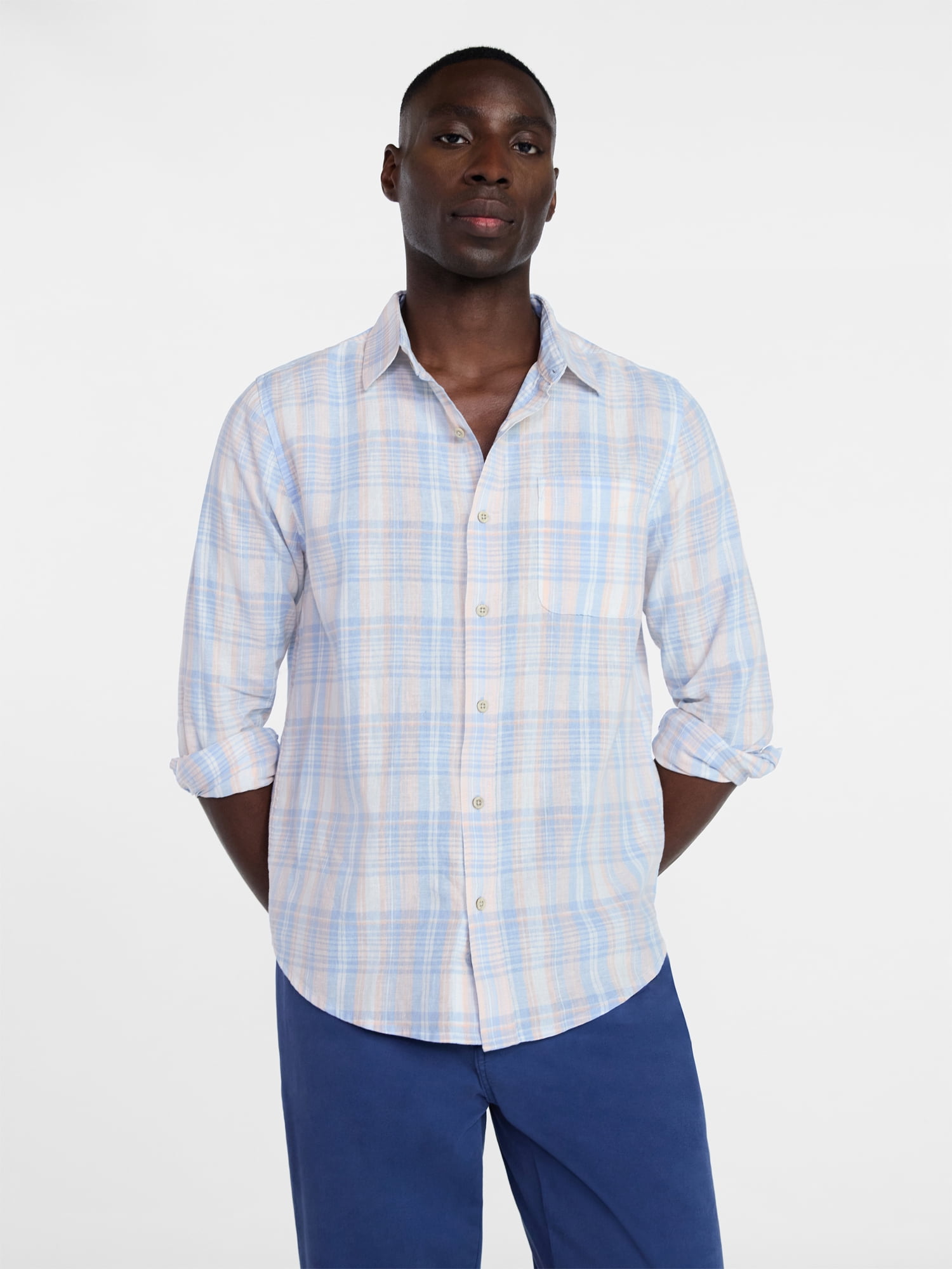 George Men's and Big Men's Linen Blend Button Up Shirt with Long Sleeves, Sizes S-5XL