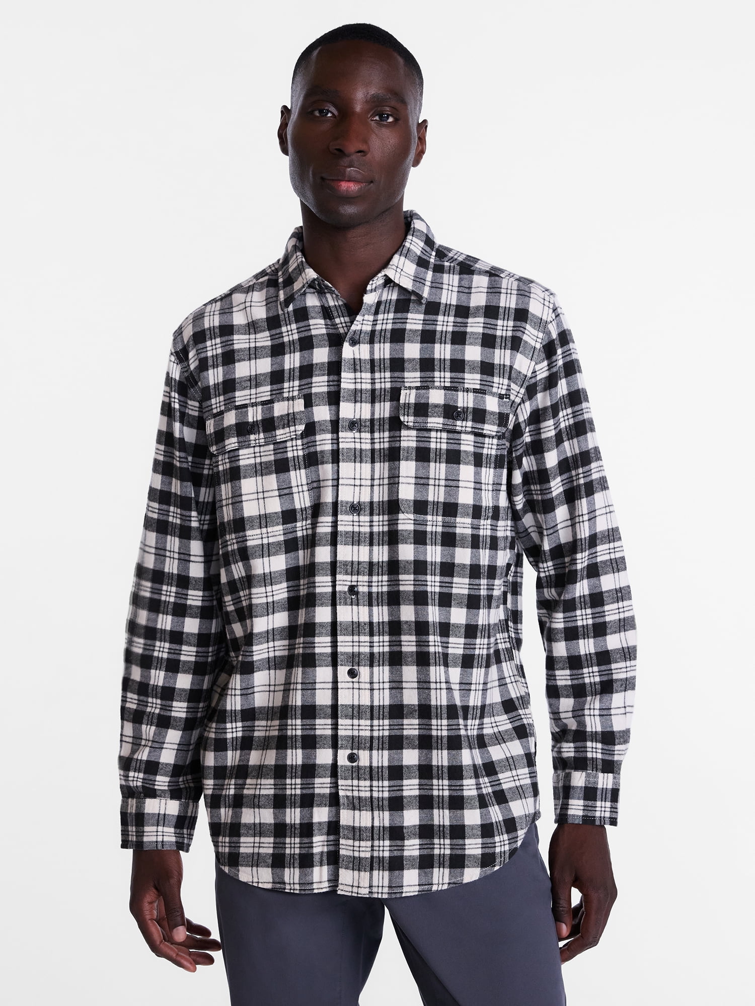 George Men's and Big Men's 100% Cotton Double Pocket Flannel Shirt, Sizes XS-3XLT