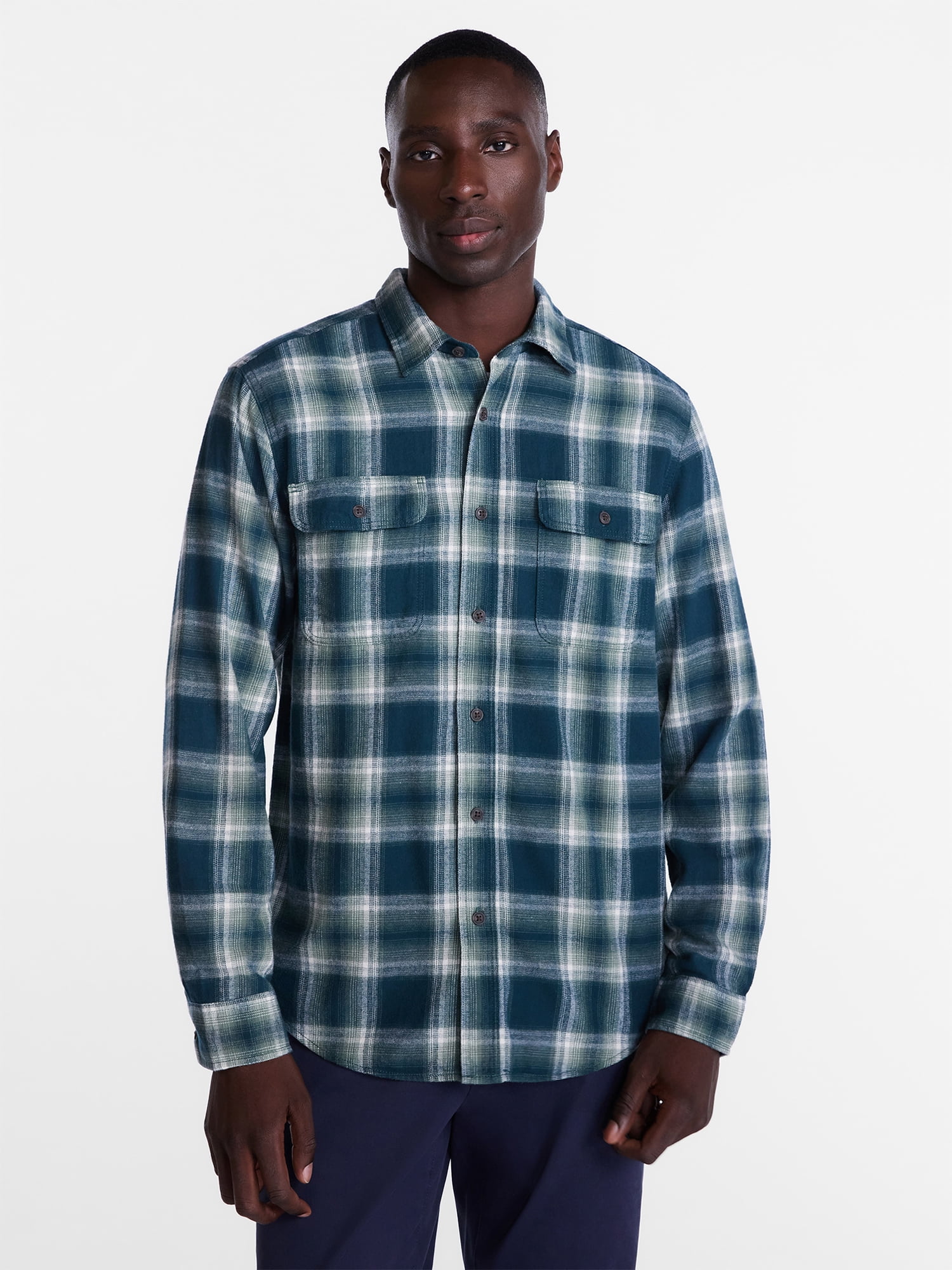 George Men's and Big Men's 100% Cotton Double Pocket Flannel Shirt, Sizes XS-3XLT