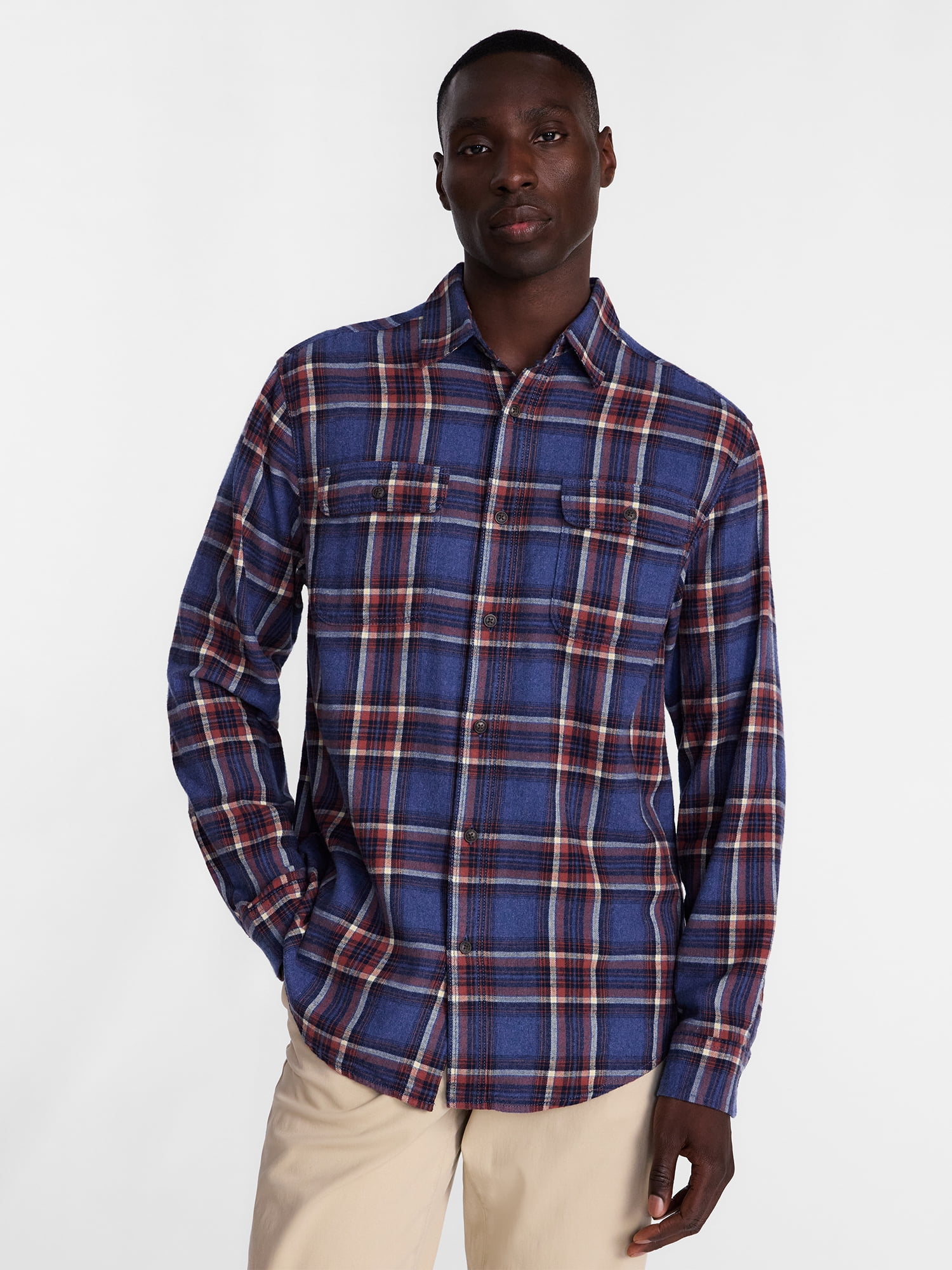 George Men's and Big Men's 100% Cotton Plaid Flannel Shirt with Long Sleeves, Sizes XS-3XL, 2XB-5XB & Tall XLT-3XLT
