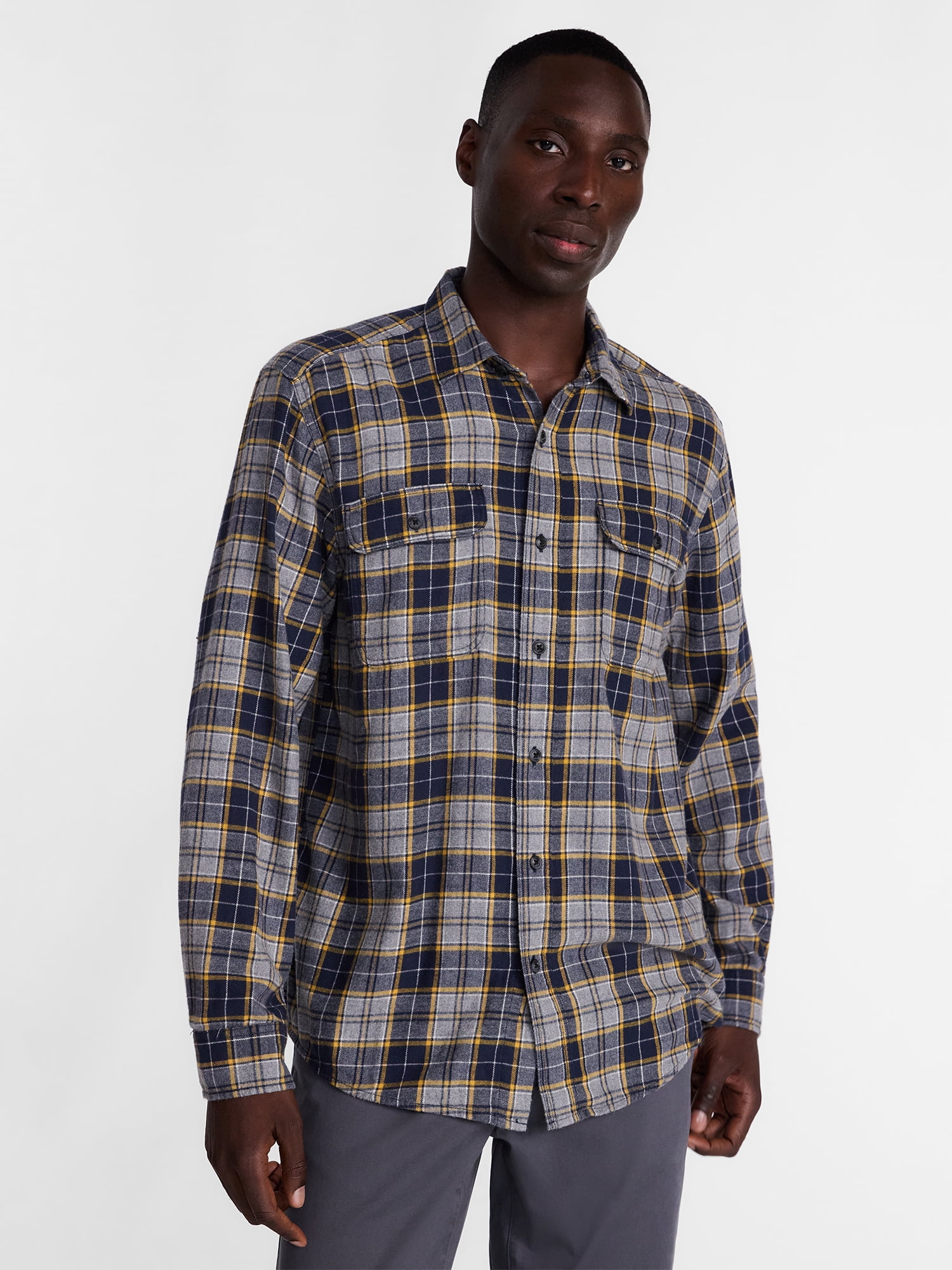 George Men's and Big Men's 100% Cotton Double Pocket Flannel Shirt, Sizes XS-3XLT