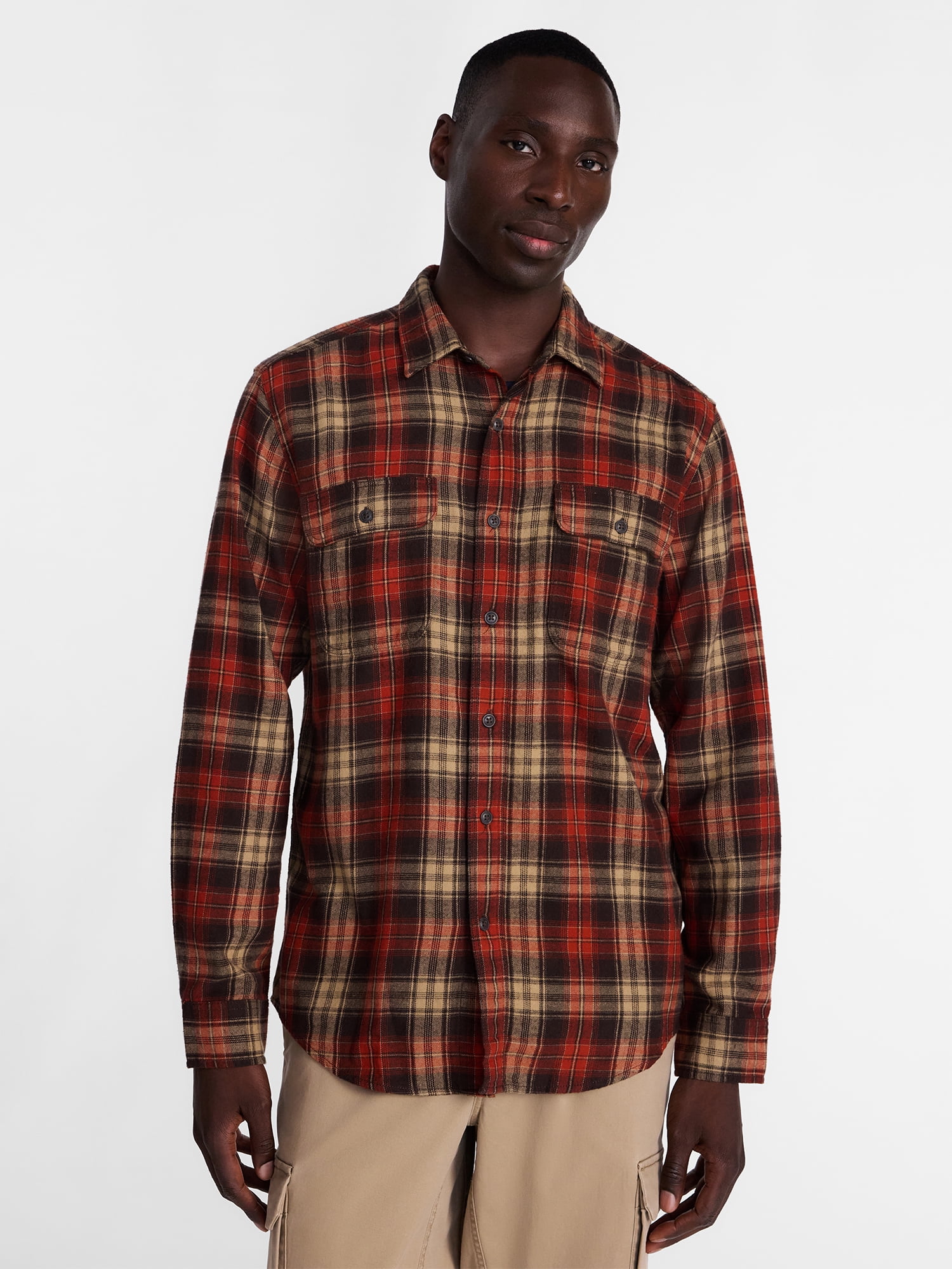 George Men's and Big Men's 100% Cotton Double Pocket Flannel Shirt, Sizes XS-3XLT