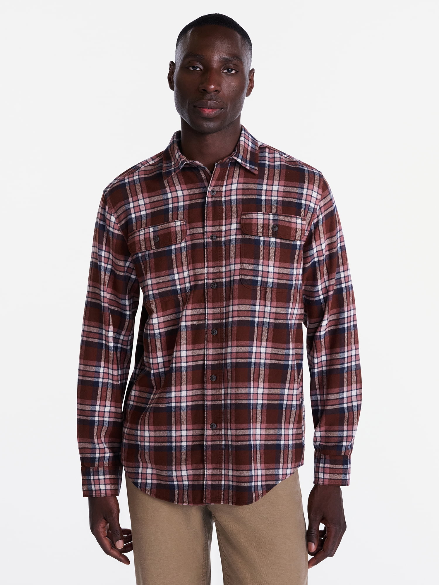 George Men's and Big Men's 100% Cotton Double Pocket Flannel Shirt, Sizes XS-3XLT