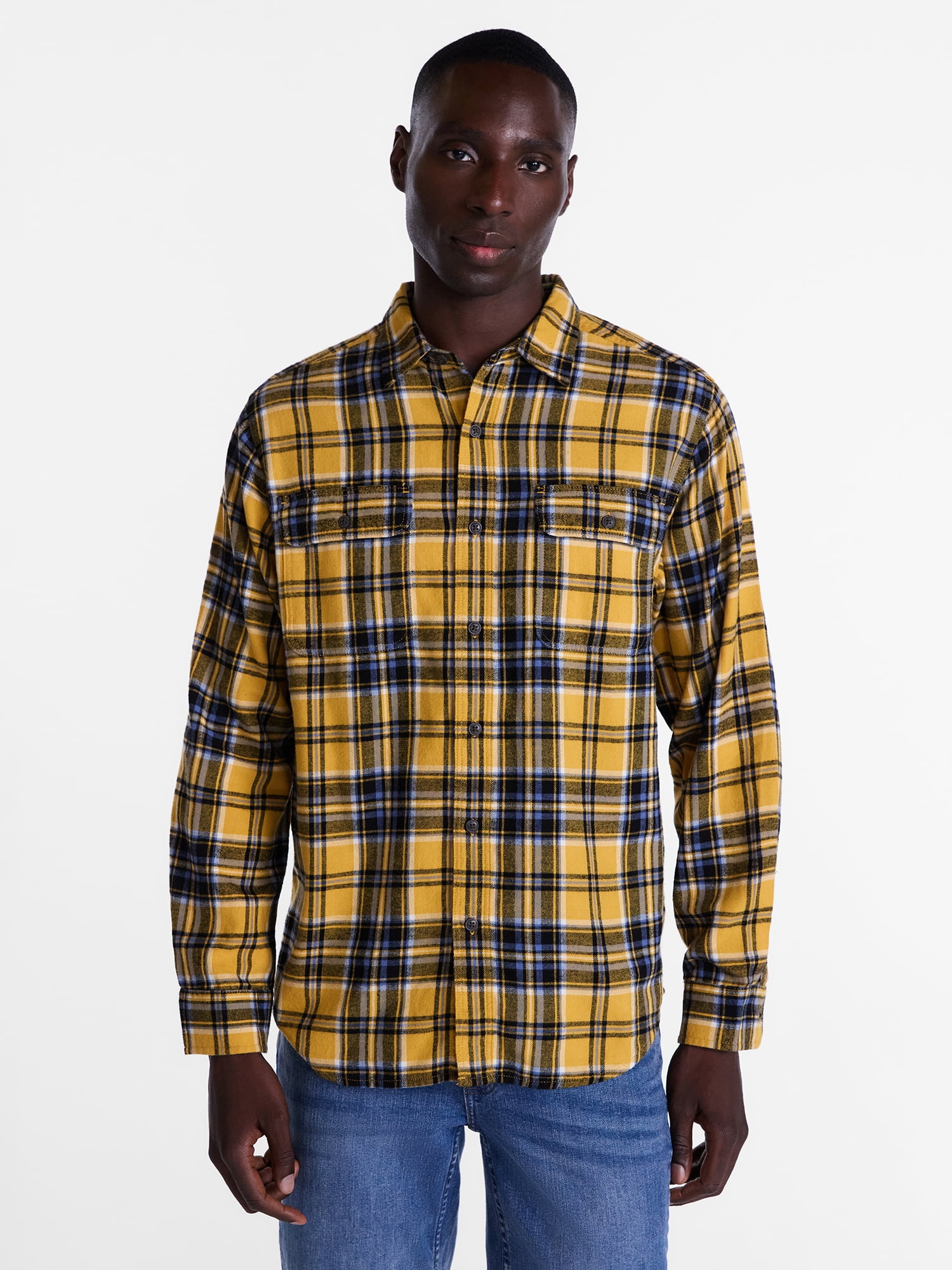 George Men's and Big Men's 100% Cotton Double Pocket Flannel Shirt, Sizes XS-3XLT