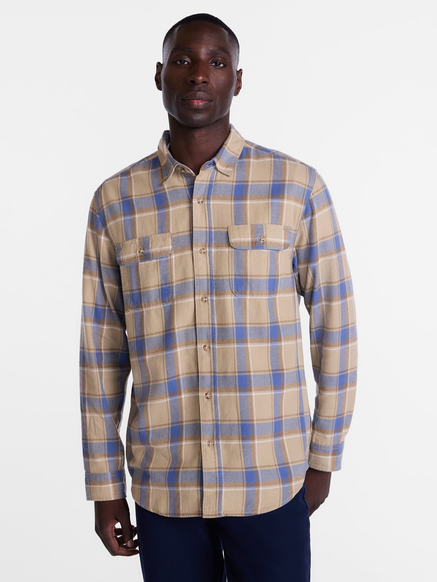 George Men's and Big Men's 100% Cotton Plaid Flannel Shirt with Long Sleeves, Sizes XS-3XL, 2XB-5XB & Tall XLT-3XLT
