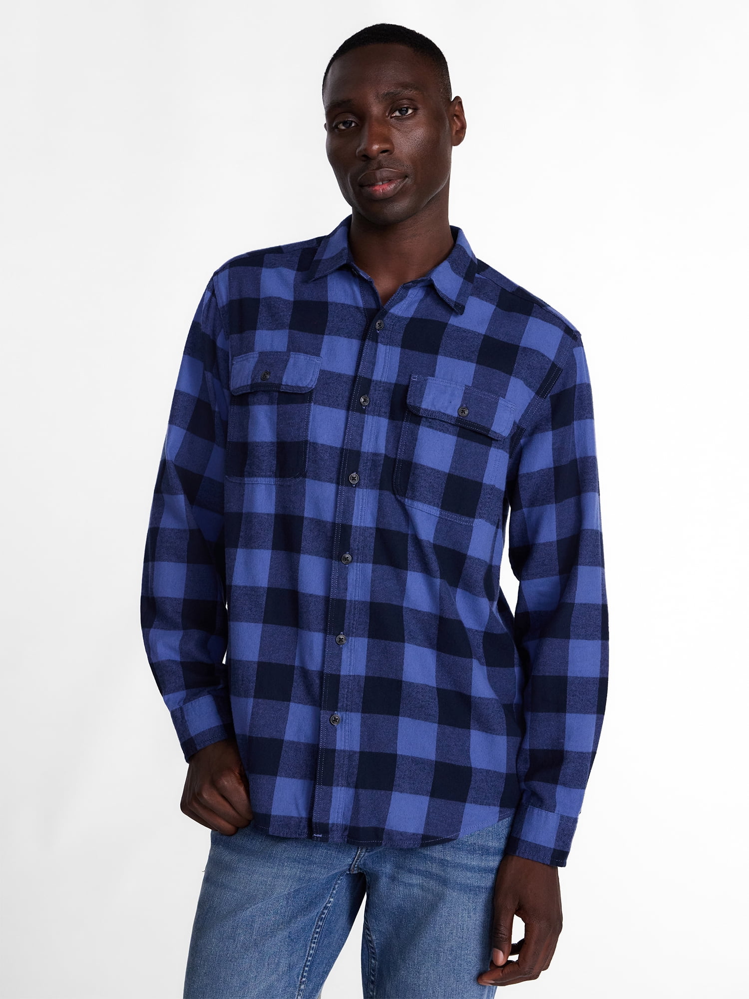 George Men's and Big Men's 100% Cotton Double Pocket Flannel Shirt, Sizes XS-3XLT