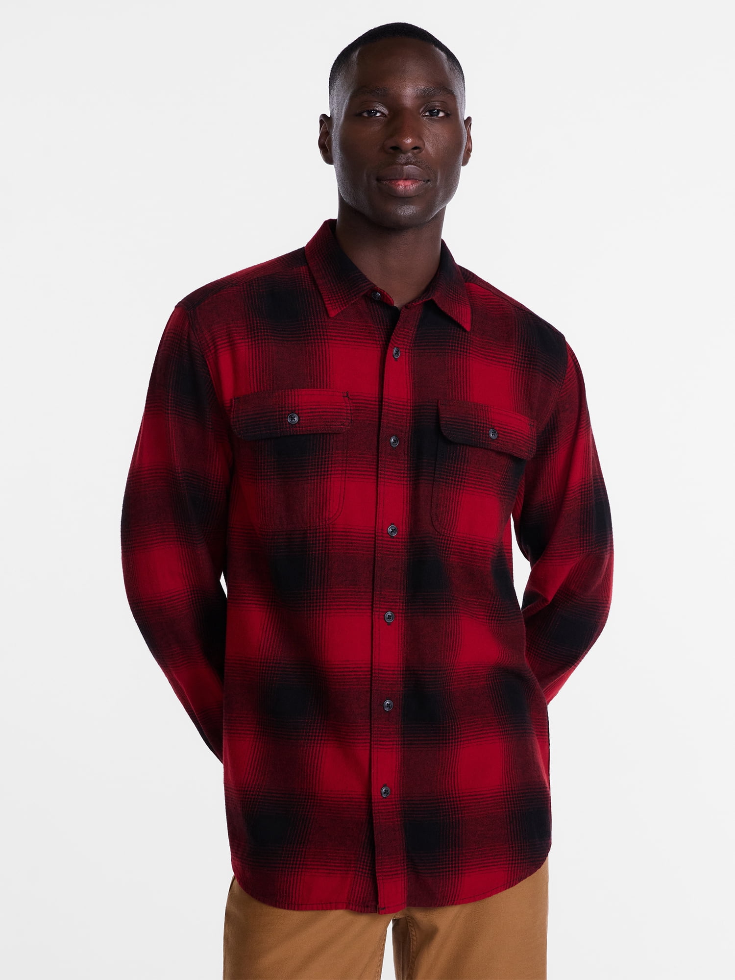 George Men's and Big Men's 100% Cotton Double Pocket Flannel Shirt, Sizes XS-3XLT