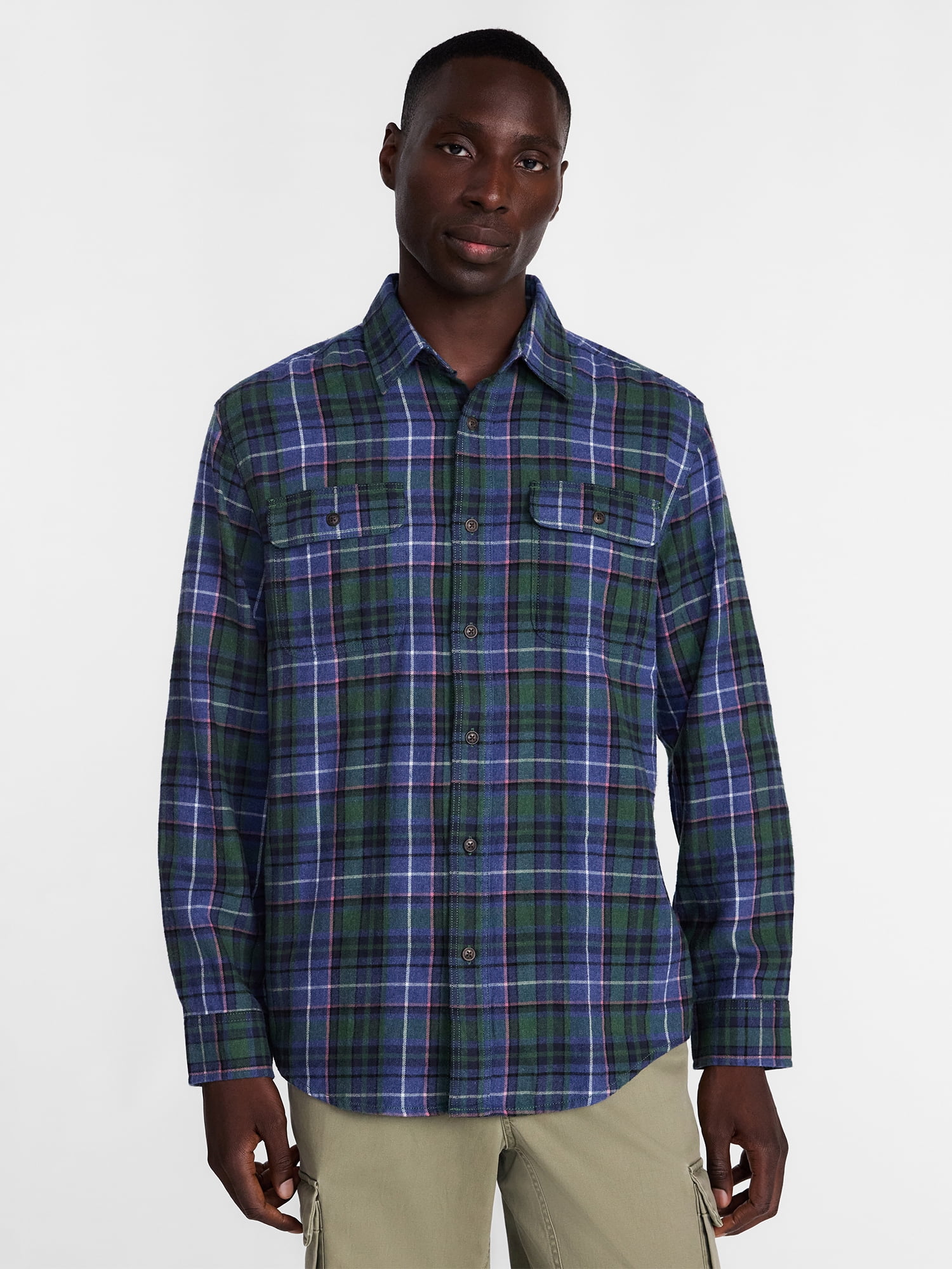 George Men's and Big Men's 100% Cotton Plaid Flannel Shirt with Long Sleeves, Sizes XS-3XL, 2XB-5XB & Tall XLT-3XLT