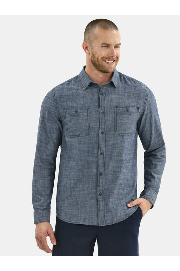 Men's Chambray Button Shirt with Long Sleeves, Sizes S-3XL