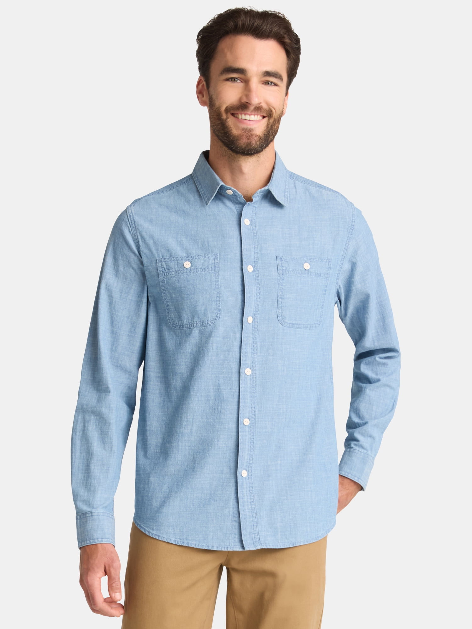 George Men's Chambray Button Shirt with Long Sleeves, Sizes S-3XL
