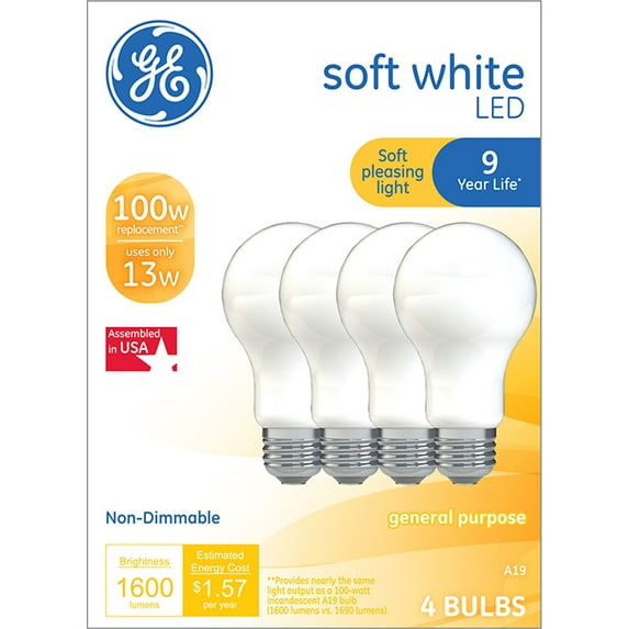 GE Led 13W (100W Equivalent) Soft White Color, General Purpose Light Bulbs, Non-Dimmable, E26 Medium Base, 9 Year Life, 4pk
