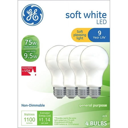 GE Led 9.5W (75W Equivalent) Soft White Color, E26 Medium Base, 9 Year Life, Non-Dimmable, 4pk Light Bulbs