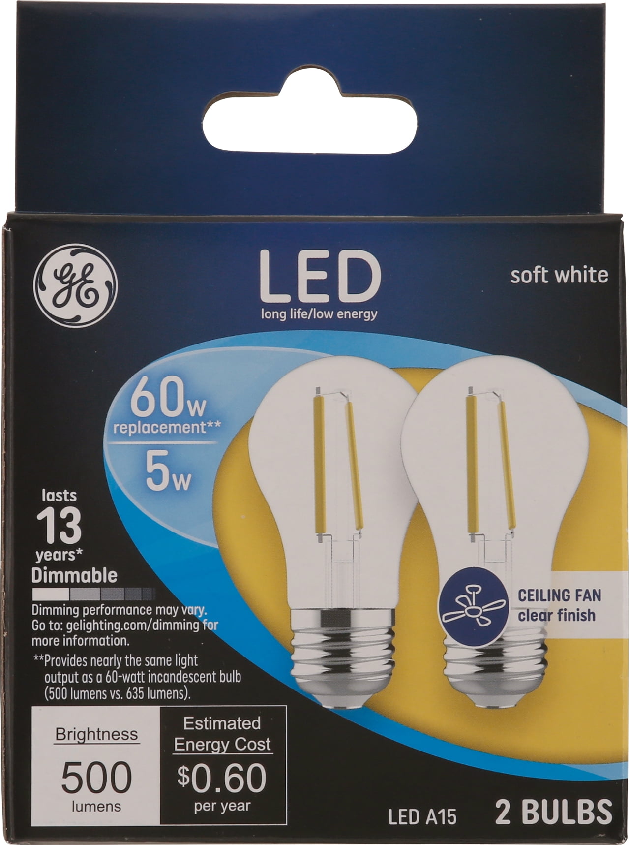 GE Lighting 23444 LED Ceiling Fan Bulbs, Soft White, A15 Medium Base, 5 ...