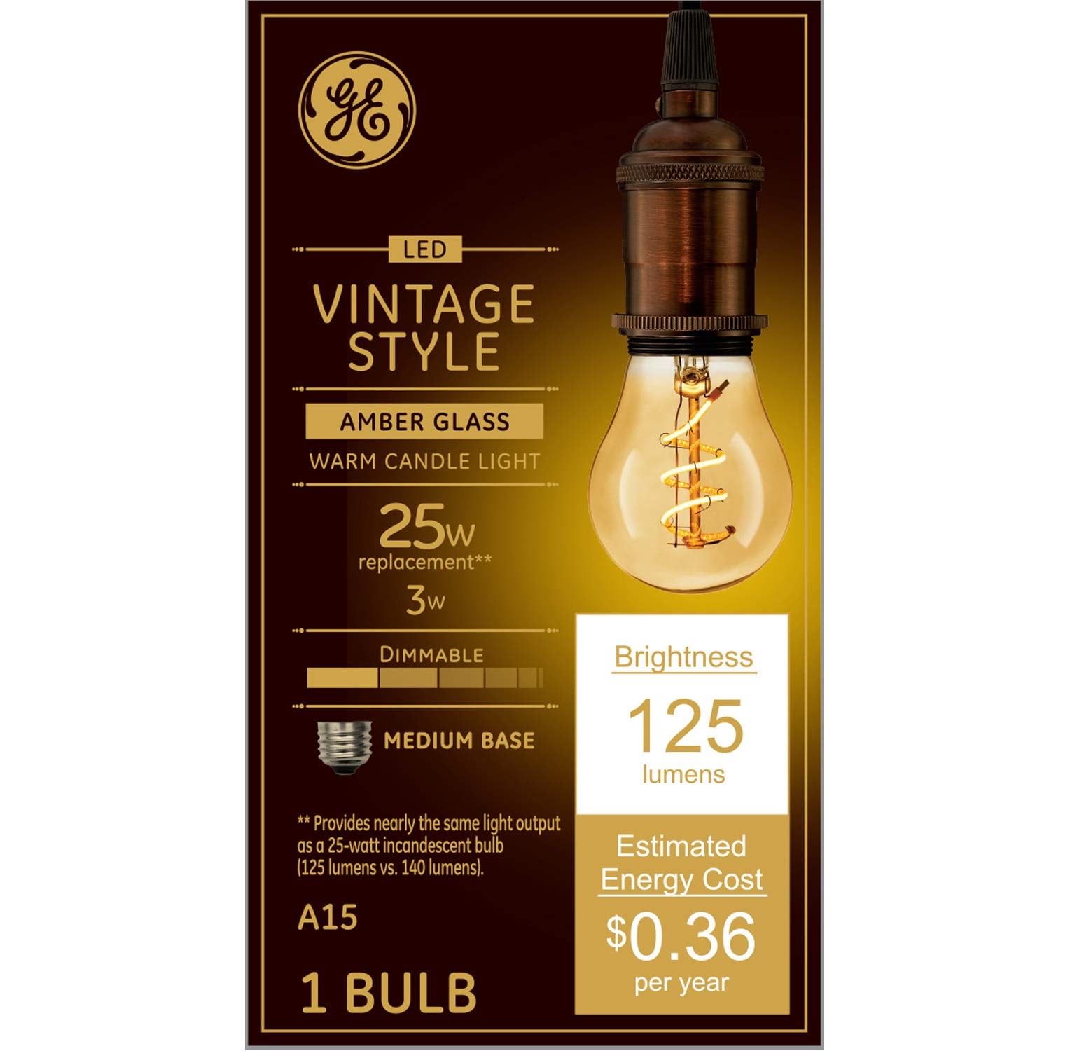GE Lighting 36501 Dimmable LED Style 3 (25-Watt Replacement), 125- Light Bulb with Amber Glass A15, 1-Pack, Soft White - Walmart.com