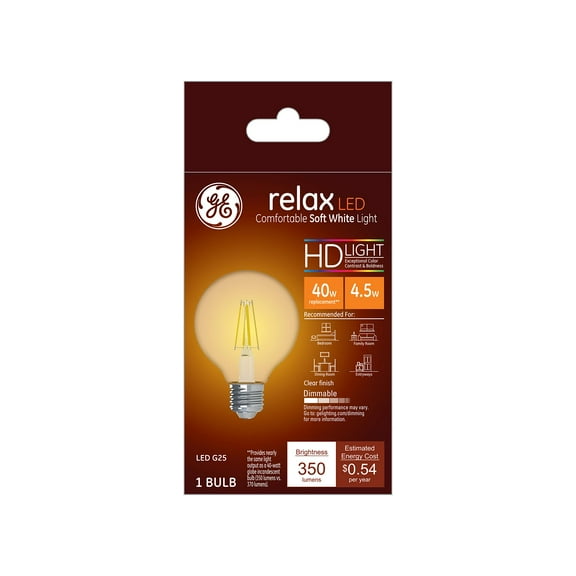 GE Lighting 36850 Clear Finish Light Bulb Relax HD Dimmable LED G25 Decorative Globe 4.5 (40-Watt Replacement), 350-Lumen Medium Base, 1-Pack, Soft White
