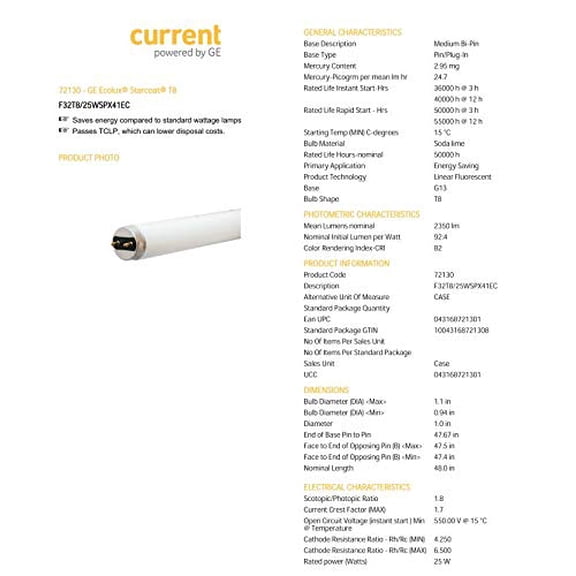 GE Lighting 72130 F32T8/25WSPX41ECO, GE Ecolux Starcoat T8, (2-PACK)