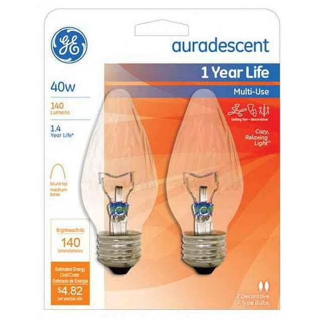 GE Lighting 75343 Flame Tip F15 MultiUse Light Bulb, Auradescent, 40W