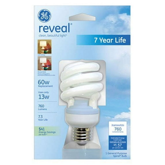 GE Lighting 75406 Reveal Spiral CFL 13-Watt (60-watt replacement) 800-Lumen T3 Spiral Light Bulb with Medium Base, 1-Pack