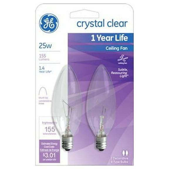 GE Lighting 81560 25-Watt 160-Lumen Decorative B10 Incandescent Light Bulb, Crystal Clear, 2-Pack