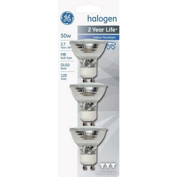 GE Lighting 81662 Quartz Halogen GU10 Base MR16 Floodlight Bulb, 50W, 3-Pack, Each