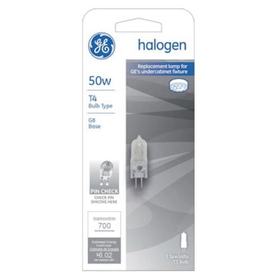 GE Lighting 97665 Q50G8/SCD 50-Watt 120V Quartz Halogen Lamp G8, T4, 2 Pin Light Bulb