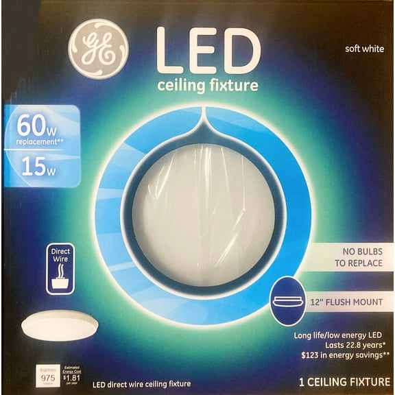 GE Lighting 98813 LED Ceiling Fixture, 15-watt (60-watt Replacement), 975-Lumen 12-Inch Indoor Fixture, Soft White, Direct-Wire, 1-Pack