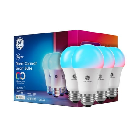 GE Cync Direct Connect A19 Smart LED Light Bulbs, Color Changing Smart Lights, Matter Compatible, Works with Alexa and Google Home (4 Pack)