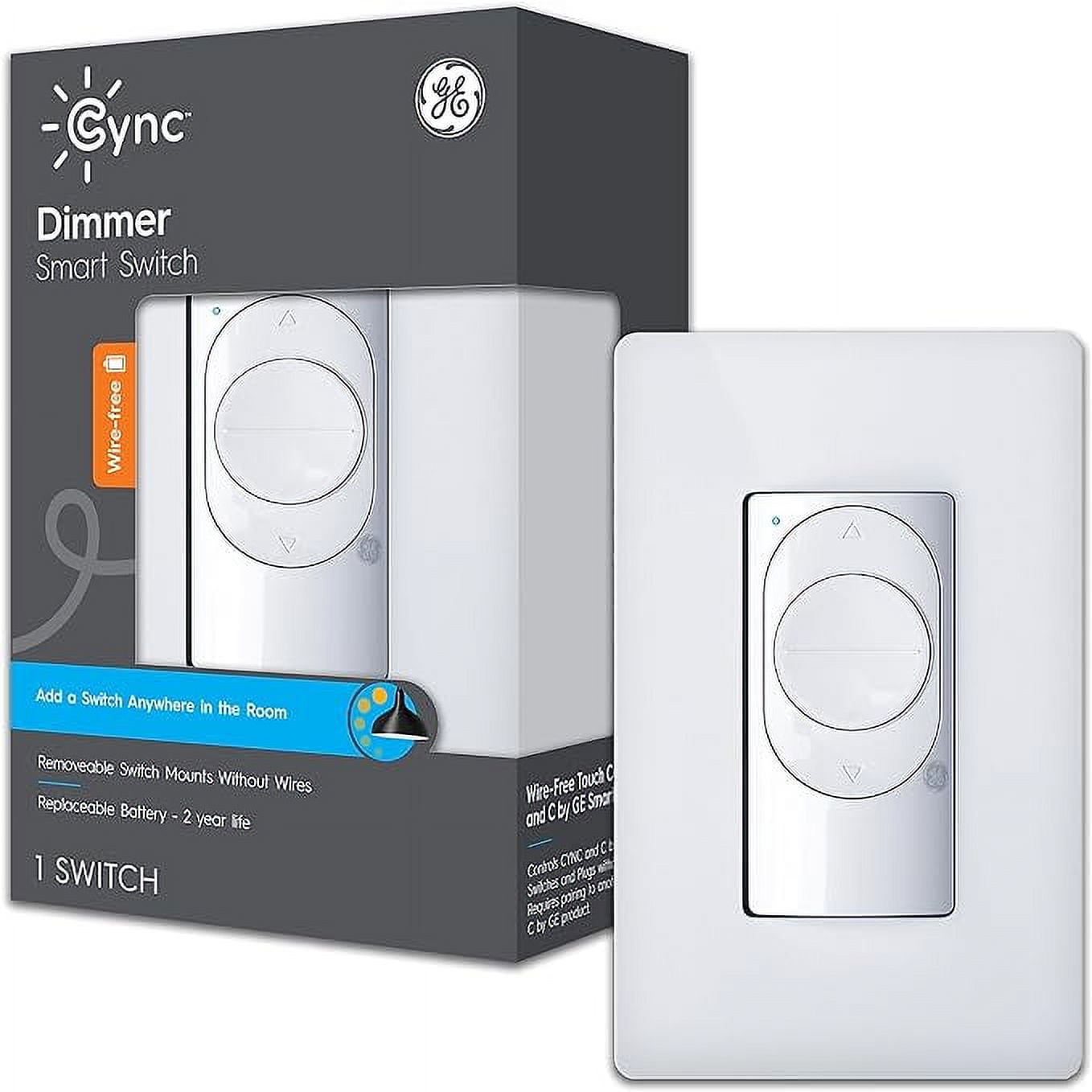 GE Lighting CYNC Smart Dimmer Light Switch, Wire-Free, Bluetooth and Wi-Fi Light Switch