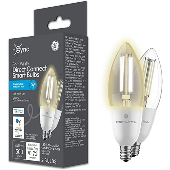 GE Lighting CYNC Smart LED Light Bulbs, Soft White, Bluetooth and Wi-Fi, Works with Alexa and Google Home, Decorative, Small Base (2 Pack) Small Base 2 Count (Pack of 1)