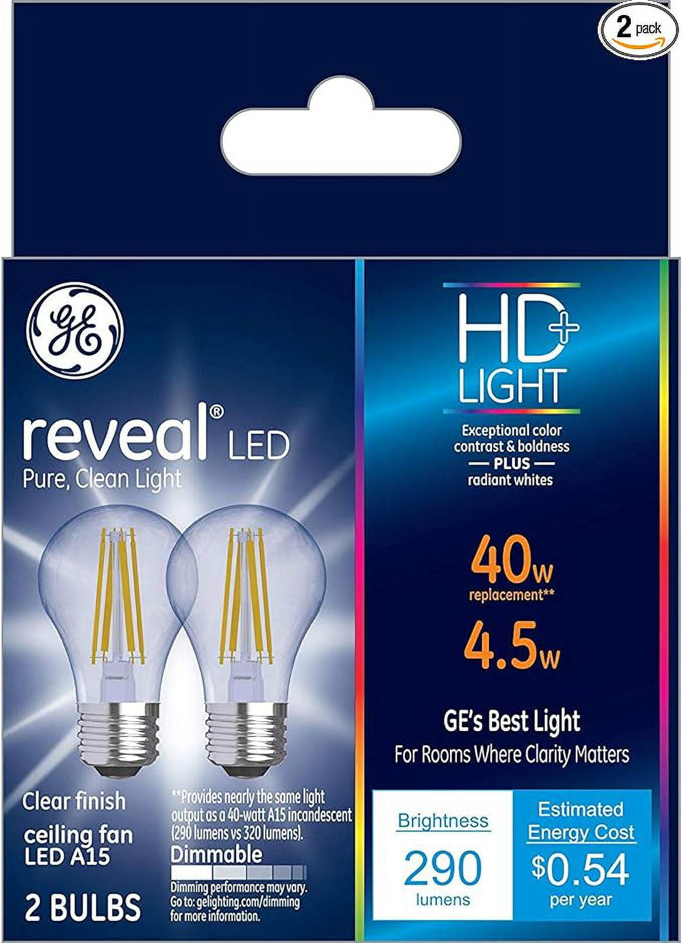 GE Lighting GE Reveal Light Bulbs, 40 Watt Eqv, HD+ Light, A15 Ceiling Fan Light Bulbs, Medium