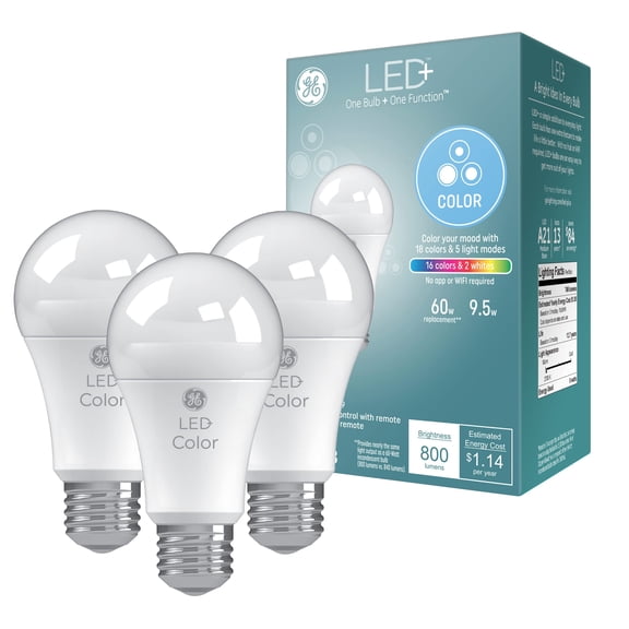 GE Lighting LED+ Color Changing LED Light Bulbs with Remote, No App or Wi-Fi Required, A19 Bulbs (3 Pack)