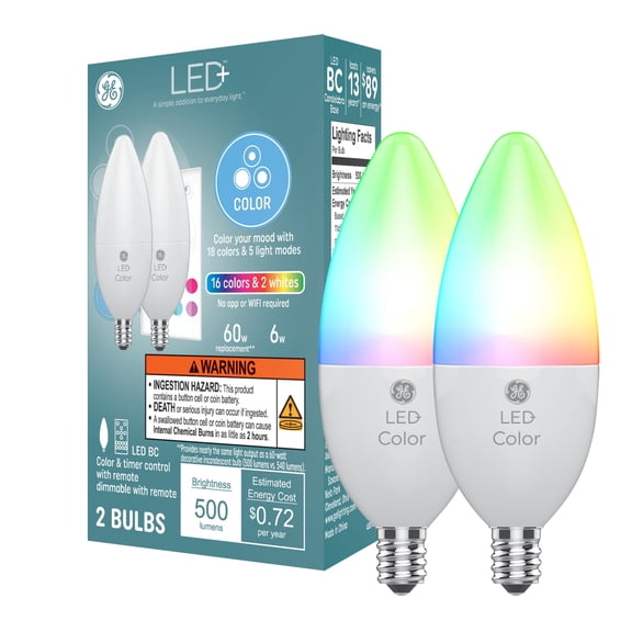 GE Lighting LED Color Lamp Decorative Color-Changing LED Candle Bulbs, E12 Candelabra Base, 60W Equivalent, 2 Pack