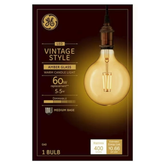 GE Lighting Large Vintage LED G40 Warm Candlelight, Amber Glass, 60 watt equivalent using only 5.5 watts, Dimmable, Medium Base, Vintage Style LED Light Bulb