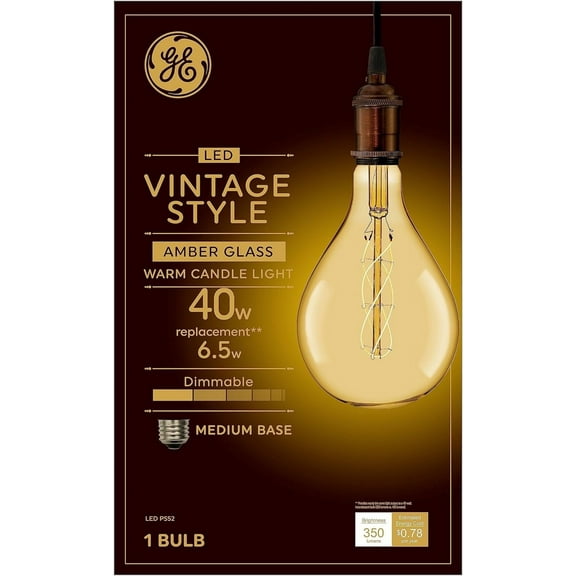 GE Lighting Large Vintage Warm Candle Light LED PS52, Amber Glass, 6.5 watts, Glorious Spiral Weave Filament, 350 lumens, PS52 Pear-Shaped LED Light Bulb, Dimmable