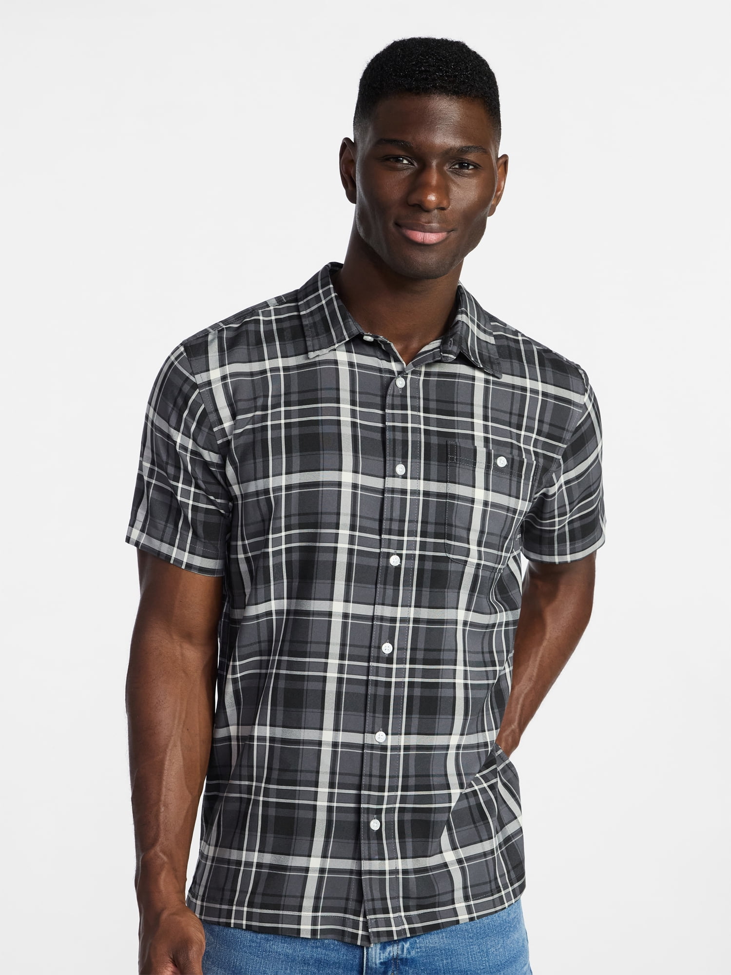 George Men's & Big Men's Regular Fit Microfiber Button-Up Shirt with Short Sleeves, Sizes XS-5XL