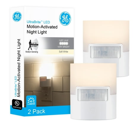 GE Motion Activated Soft White LED Night Lights, 2 Pack, Plug in, 3.63 in, 46632-P1
