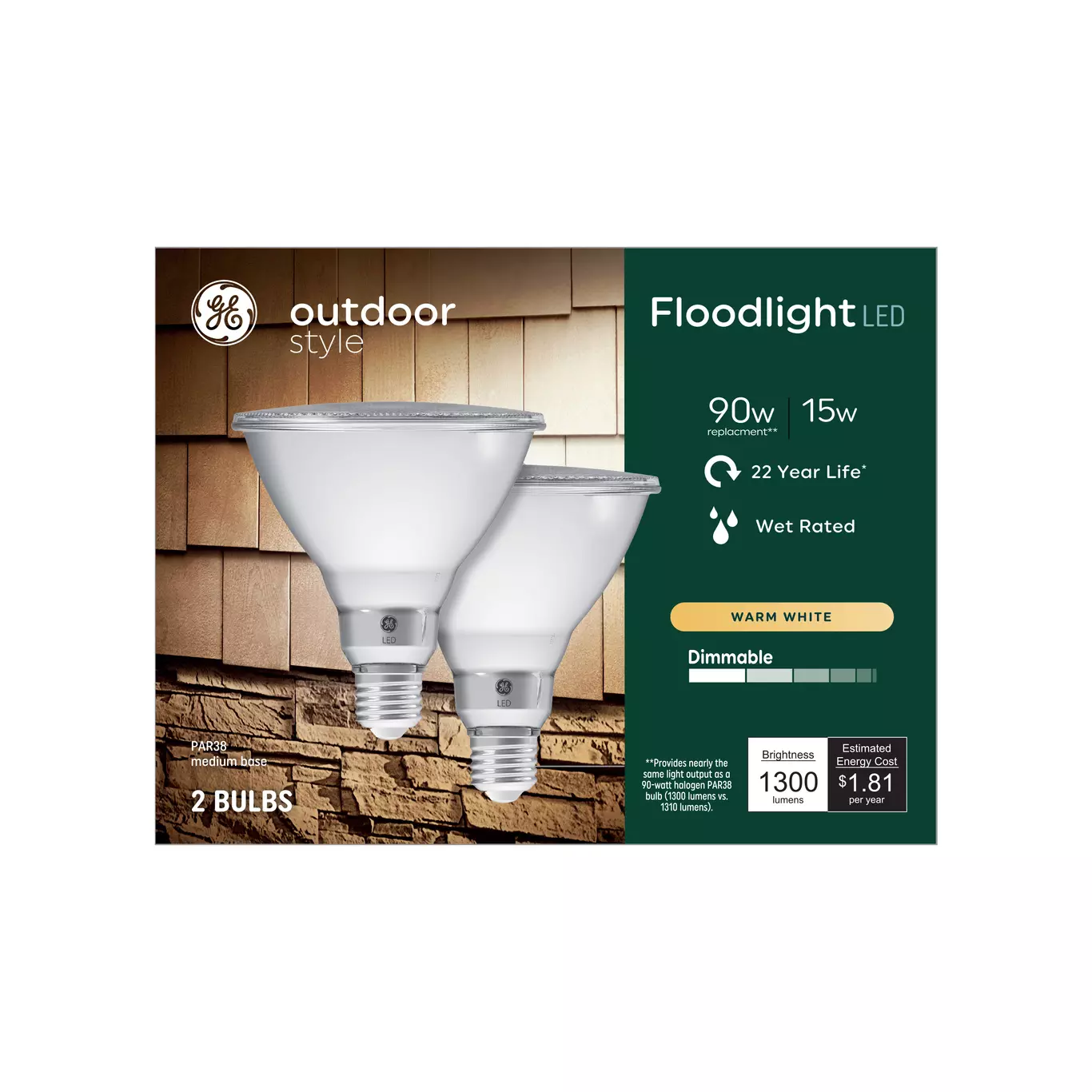 GE Outdoor LED PAR38 Flood Light Bulbs, 90W Replacement, 15W, Warm White, Dimmable, Medium Base, 2-Pack
