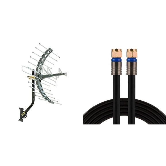 GE Outdoor TV Antenna, Long Range Antenna & RG6 Coaxial Cable, 25 ft. F-Type Connectors, Quad Shielded Coax Cable, 3 GHz Digital, in-Wall Rated, Black, 33531