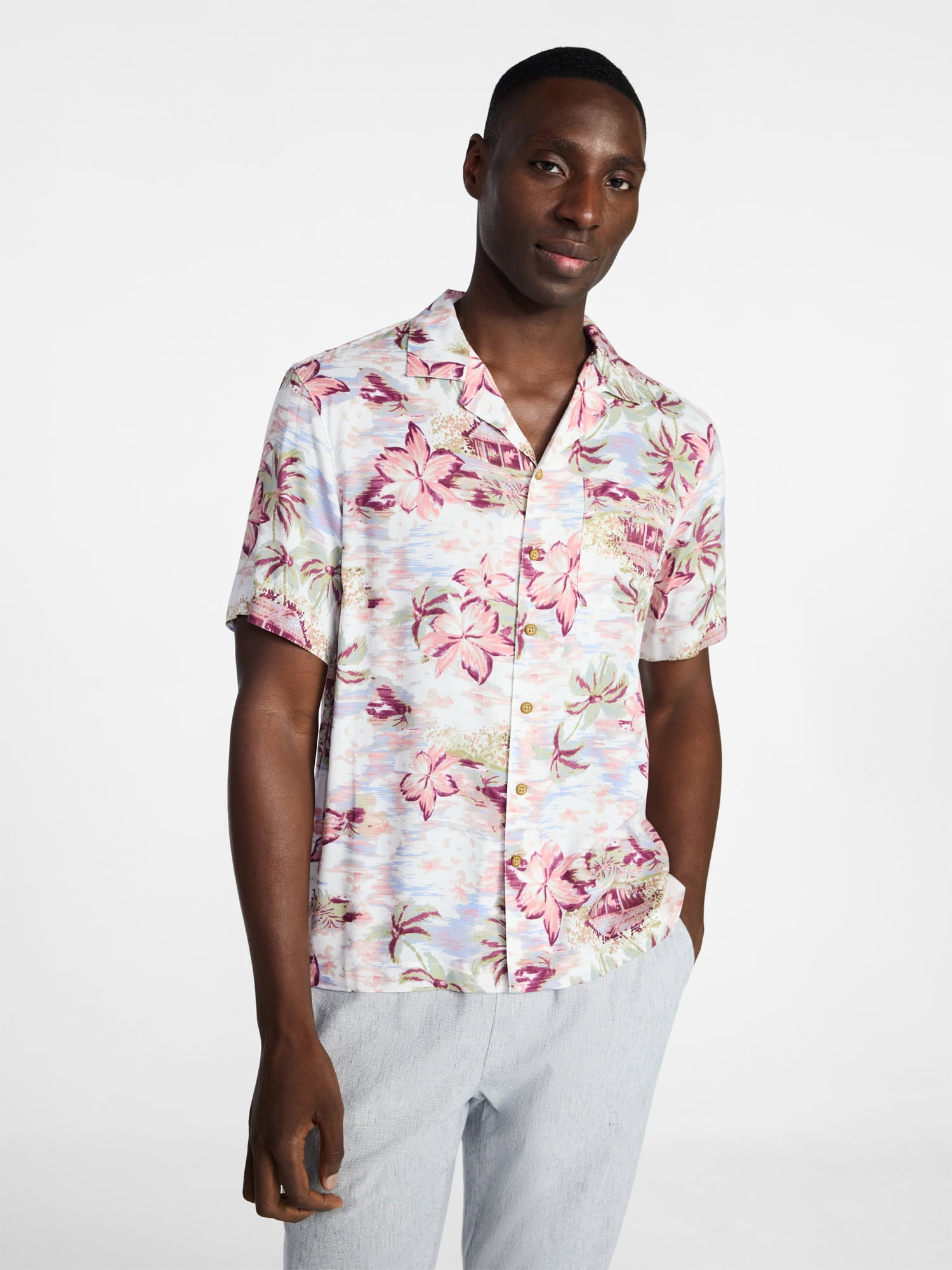 George Men's Relaxed Fit Printed Camp Shirt with Short Sleeves, Sizes S-3XLT